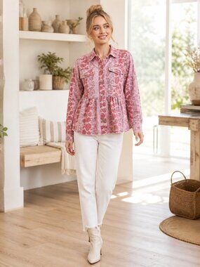 MYSTREE Pink Animal Print Peplum Shacket Jacket Snap Button Top Feminine Boho